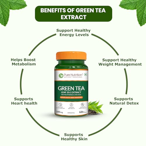 Image of Pure Nutrition Green Tea for Weight Loss | Green Tea Leaf Extract 500mg | 90% Polyphenols & 45% EGCG | Fat Cutter Supplements | Antioxidant Support | Energy & Metabolism Support | Skin & Heart Health Support - 60 Veg Capsules