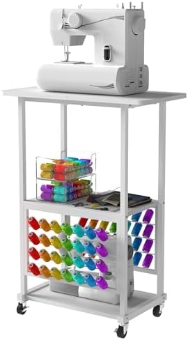 Rolling Craft Table with 56 Spools Thread Holder, 3 Storage Shelves, Portable Sewing Cabinet for Embroidery Machine, Craft Cart Organizer, White