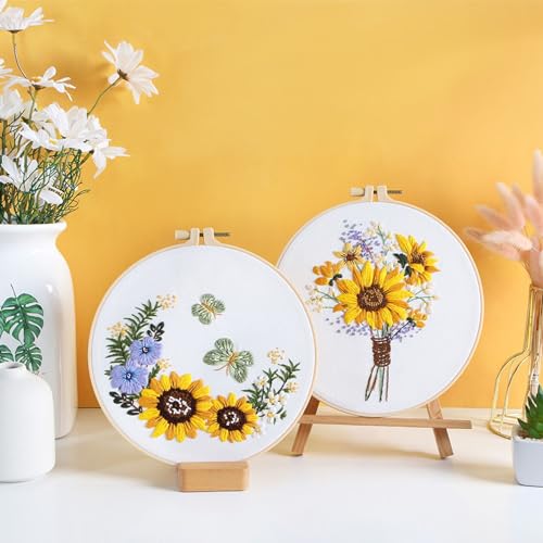 Image of GLTAYLMY 3 Sets Embroidery Starter Kit with Pattern and Instructions, Cross Stitch Set, Stamped Embroidery Kits with 3 Embroidery Clothes with Pattern, 1 Embroidery Hoop(Sunflower)