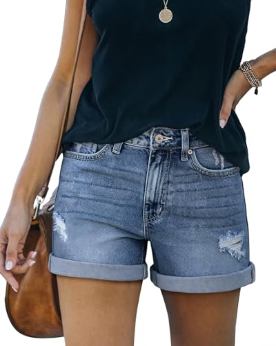 Image of onlypuff Womens Jean Short Cut Off Denim Shorts High Waist Ripped Distressed Stretchy