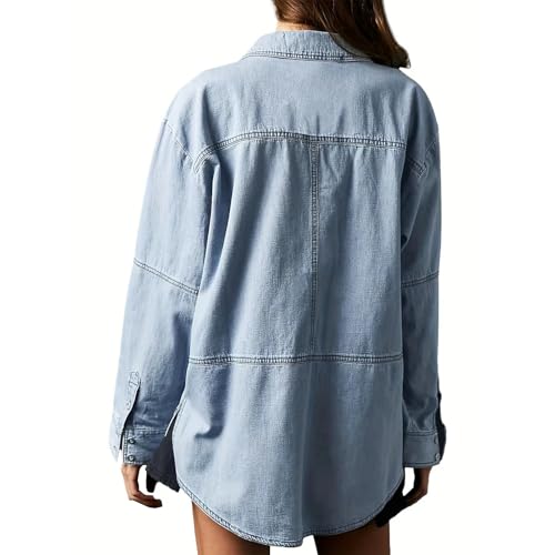 Women Denim Tops Pullover Long Sleeve V Neck Blouse Solid Denim Jacket with Pockets4