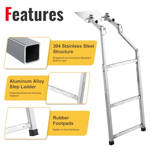 Image of Tailgate Ladder for Pickup Trucks Bed Universal Fit - Rust-Proof Stainless Steel Truck Step Adjustable to 42 inch, Non-Slip Aluminium Steps & Replaceable Rubber Feet, Driving Safety Straps & Bump Pads