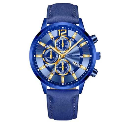 Reloj de Moda de la Personalidad del Hombre con el Reloj Analógico de Cuarzo de la Fecha Reloj de Cinturón del Estudiante de Negocios Casual, Texto Azul Cara Azul Cara Dorada, 24