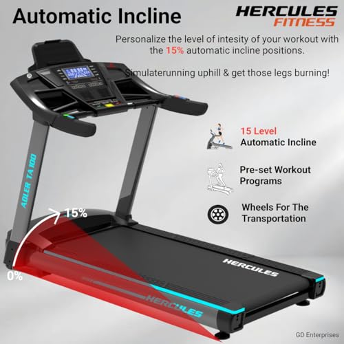 Image of Hercules TA100 6.0 HP AC Motor Commercial Treadmill with 22 Km /hr Max Speed, 150 Kg Max User Weight, 15-Level Auto Incline, Free Installation Assistance