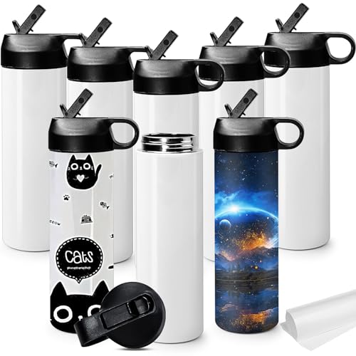 MSYU 8 Pack Sublimation Sport Water Bottle, 20 oz Skinny Straight Sublimation Tumbler Blank, White Stainless Steel Tumbler Cup with Portable Handle & Straw Lids for Tumbler Heat Press