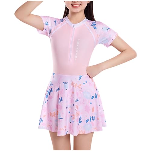 Girls One Piece Swimsuits Zipper Front Short Sleeve Swim Dress Hawaiian Printed Skirted Bathing Suits for 9-14 Years