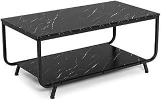 COSTWAY 2-Tier Coffee Table, Faux Marble Cocktail Tea Center Table with Storage Shelf, Metal Frame Modern Accent Sofa End Side Tables for Living Room, Bedroom and Office, Black