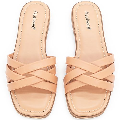 Ataiwee Damen Flach Sandalen - Elegant Bequeme Pantoletten,Schuhe Offen Flache Schlappen Sommerschuhe(2307017,BR/MF,38.5)