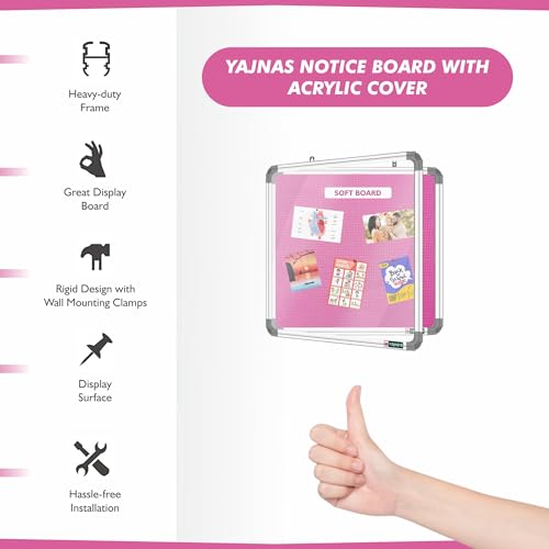 Image of YAJNAS 2x2 Feet Premium Material Pink Designed Notice Board with Acrylic Door /Soft Board /Bulletin Board /Pin-up Display Board for Study Room, Office, School & Home Use