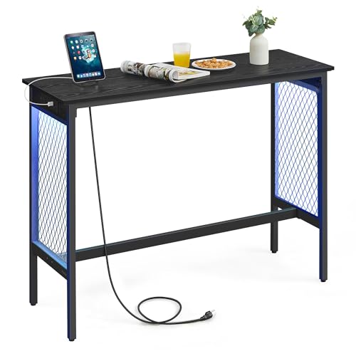 VASAGLE Bar Table with Power Outlets, 47.2 Inches LED Lights Narrow Tall Pub Table, Counter Height Console Desk, Mesh Panels and Metal Frame, for Kitchen, Entryway, Ebony Black and Matte Black