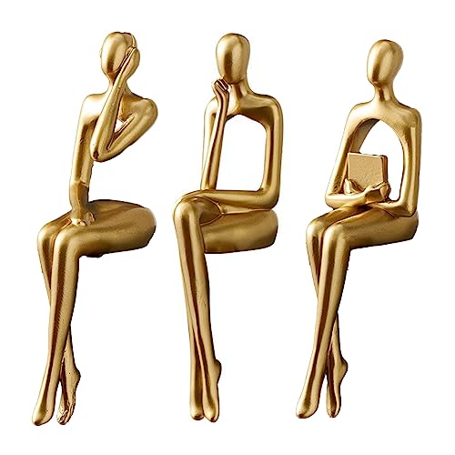 Sonhomay 3 figuras abstratas douradas de resina de pensador de escultura abstrata, estátua de pensador sentado, para decoração de casa, escritório, mesa, estante