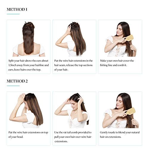 Doores Human Hair Wire Hair Extensions Dark Brown To Chestnut Brown 16 Inch 95G Wire Hair Extensions Straight Invisible Hairpiece With Transparent Line #TOP5