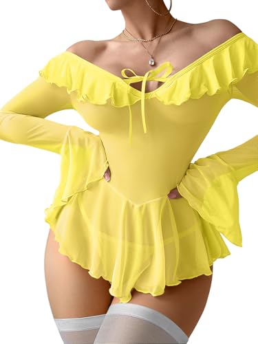 Image of Foxiny Sheer Ruffle Long Sleeve Babydoll Lingerie Dress | Off-shoulder neckline, flared cuffs and a flounce hem add movement; thong and thigh-high stockings complete the 3-piece set