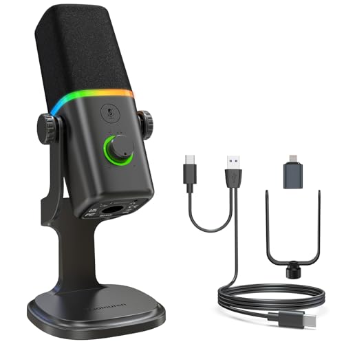 Dynamisches Mikrofon XLR/USB für Gaming-Podcast, für *Phone,Telefon,PC,Gaming-Streaming-Mikrofon mit RGB-Licht, Stummschalttaste, Mikrofonverstärkung, Desktop-Ständer, Singen, YouTube
