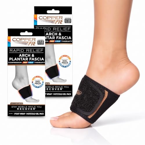 Copper Fit Rapid Relief Plantar Fascia Arch Foot Wrap with Hot or Cold Gel Pack, Black, Adjustable (Pack of 2)