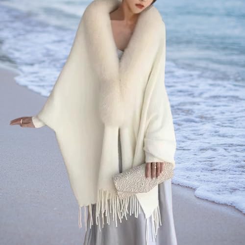 Women’s Winter Faux Fur Collar Shawl Wrap – 69 inches Long Knitted Imitation Mink Cape with Tassels, Mid-Length Cardigan Poncho for Autumn & Winter3