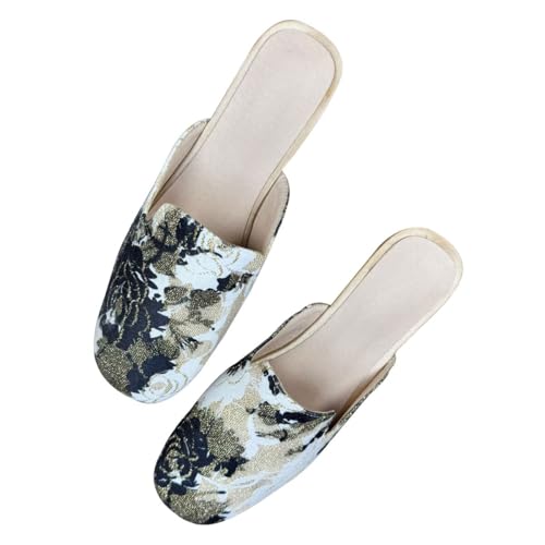 HuangTaiJi Qing Women's Flats Square Toe Slip on Flat Slides Comfortable Suede Women Slippers Backless Loafer Shoes