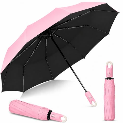 Ticoh Lavender Automatic Folding Travel Umbrella with One-Touch Open & Close, Windproof Waterproof Compact Umbrella for Men Women & Kids, Portable Rain & Sun Protection (Pink)