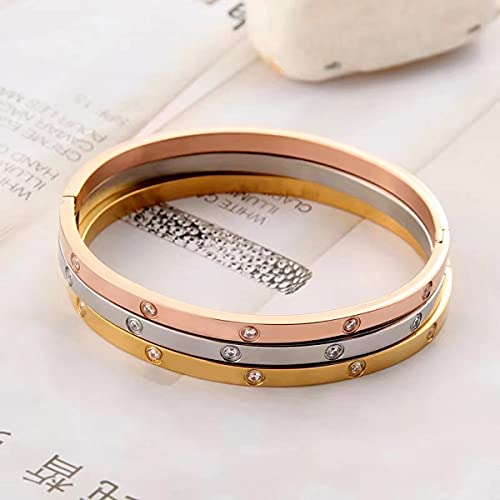 Gold/Rose/White Gold Plated Love Friendship Bracelet Personality Stackable Stainless Steel Bangle With Cubic Zirconia Crystal Bangle Bracelets Present Gift For Women Teen Girls (4Mm Tri-Color) #TOP3