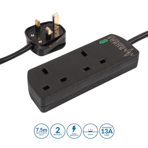 PRO ELEC 2 Gang Surge Protected Extension Lead 7.5m - UK Plug, 13A, Neon Indicator, Black - PELB1990 - Image 2