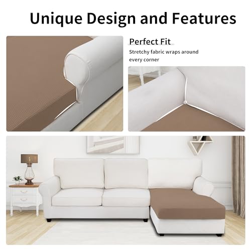 Image of Easy-Going Stretch 1 Piece Chaise Lounge Cushion Slipcover | Sectional Couch Covers L Shape Separate Cushion Couch Seat Chaise Cover for Both Left /Right Sectional Couch Camel