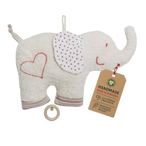 Efie Bio-Spieluhr Elefant – handgefertigt in Deutschland – 100 % Baumwolle (KBA), Füllung Schurwolle (kbT), GOTS-Zertifiziert - Melodie: Mozart | Schlafe Mein Prinzchen