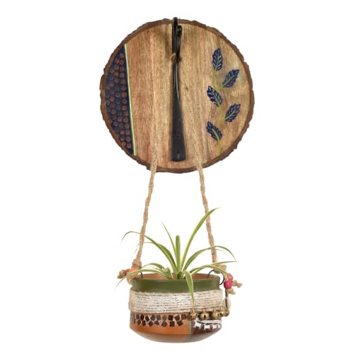 Image of AAKRITI ART CREATIONS Wall Hanging Planter with Hook | Jute Embellished Earthen Planter on Round Hook, Floral Art, Matte Finish | Wooden Decorative Hanging Pot for Indoor & Outdoor Home Decor