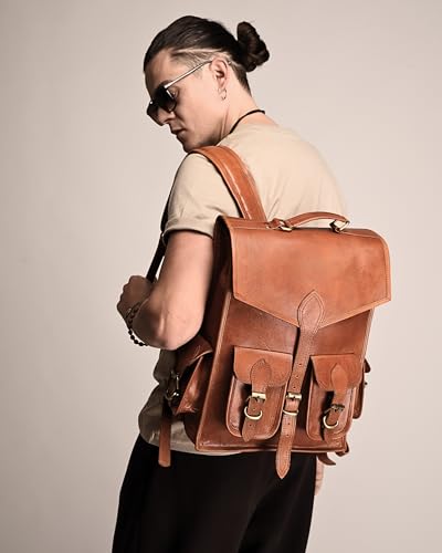 Volksy Bags DOUBLE POCKET Genuine Leather Backpack For Men, 15 Inch Laptop Bag, Leather Travel Backpack For Women, Vintage Designer Bookbag, Medieval Art Rucksack thumb #1