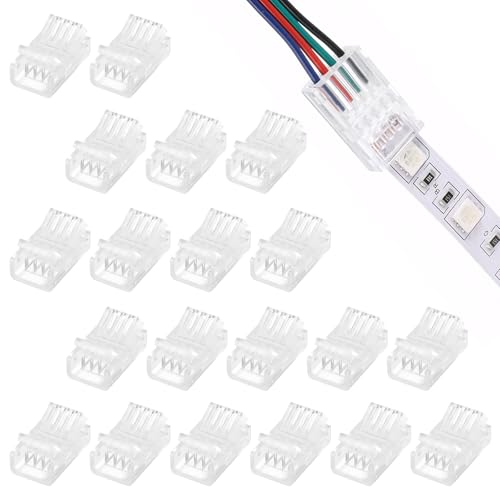 SIWOKJJO 20 Pieces 4-Pin LED Strip Connectors, 10mm Transparent Solderless LED Linghting Adapter, Quick Connector Extension Terminal for LED Strip Lights