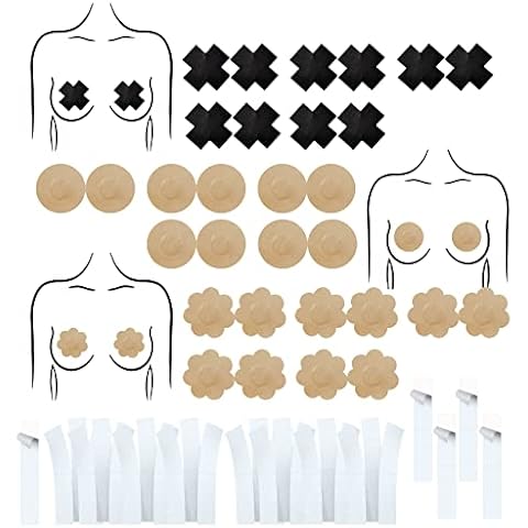 Cosymate 150 Pcs Double Sided Body Tape Clothing Tape Transparent Skin Tape Extra Adhesive Dress Tape Strips, for All Fabric Types & Sensitive Skin, with 15 Pairs Nipple Covers Cover