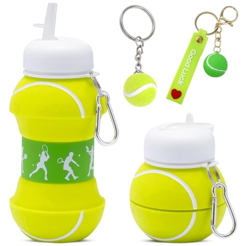 OPVXZAD Borraccia Silicone Design Tennis per Bambini e Adulti, Borraccia Silicone con Portachiavi Tennis, Bottiglia Richiudibile da 550 ml Adatta Scuola, Viaggi All'aperto e Sport