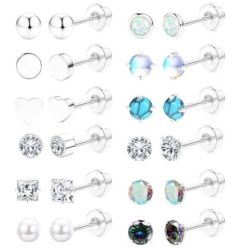 LOLIAS Hypoallergenic Surgical Steel Earrings for Sensitive Ears - Flat Back Stud Earrings 20G Cartilage Earrings Opal CZ Pearl Small Sleep Nap Earring