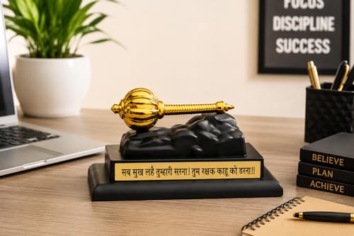 Image of Hanuman Gada Gold Plated Idol for Car Dashboard, Home Decor & Office Table | Bajrangbali Murti for Pooja Room | Spiritual Gift Item for Housewarming | Gold | 6 cm