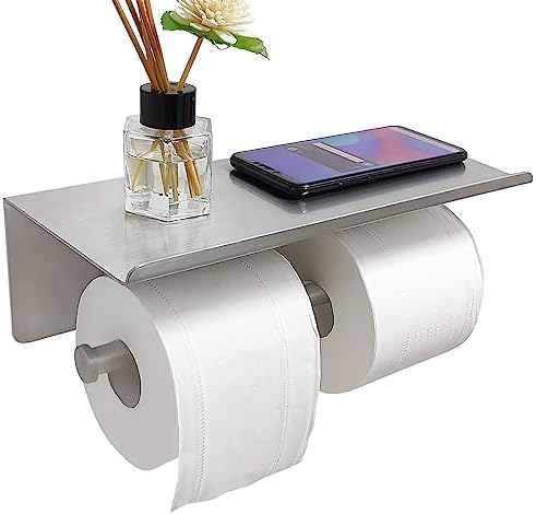 GZILA Double Toilet Paper Holder with Shelf, Bathroom Dual Large Rolls Toilet Paper Holder Wall Mounted Mobile Phone Storage, Tissue TP Dispenser, SUS304 Stainless Steel Brushed Nickel