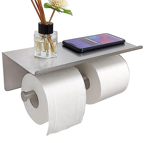 Large Double Toilet Paper Holder with Shelf, GZILA Dual Toilet Paper Rolls Holder Wall Mounted, Bathroom Mobile Phone Storage Rack, Tissue TP Dispenser, SUS304 Stainless Steel Brushed Nickel by GZILA - Used condition - US$23.48
