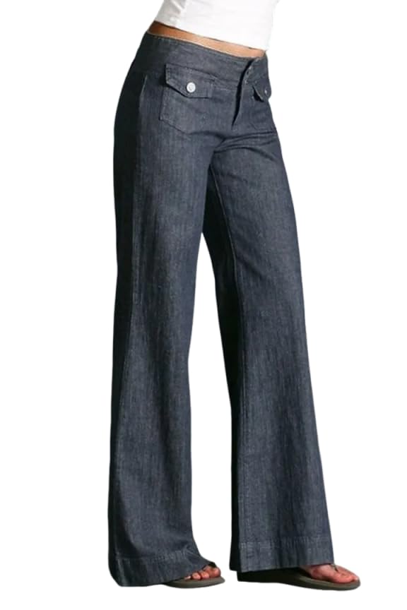 Women's Loose Fit Low Rise Jeans - 90s Baggy Denim Pants with Flap Pockets & Button Fly