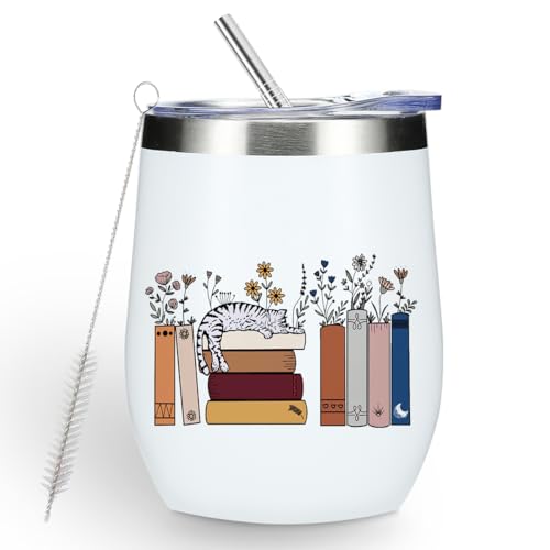 Cute 12 oz Tumbler, Wine Tumbler Insulated Wine Glass with Lid, Book Lovers Gifts, Book Floral Decor Bookish Cat Gifts for Cat Lovers Women Men Readers Librarian Bookworm Friendship Christmas Birthday