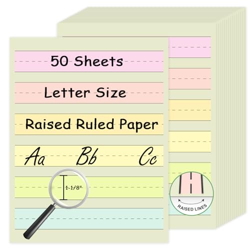 Handwriting Paper Kindergarten Wide Ruled 1-1/8 Raised Lined Paper Primary Writing Pad 8.5 x 11 Inch Colored Spacing Papers Tactile for Kids Multi-Sensory Ruled Handwriting Tablet (50)