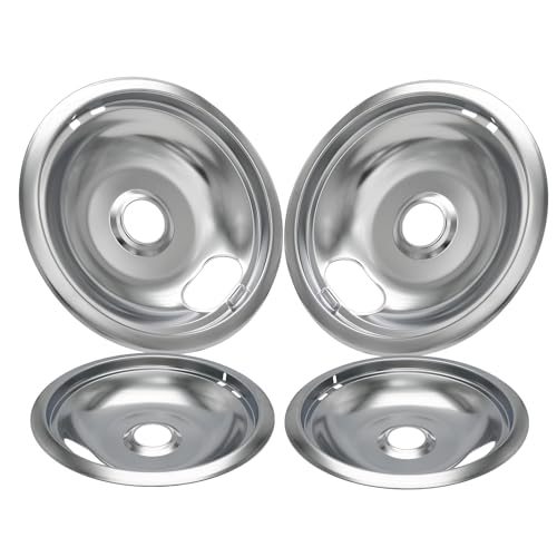 SANYCASA W10196405 W10196406 Electric Stove Drip Pans Perfect Fit for Whirlpool Electric Range, No-Bend Chrome Stove Burner Drip Pan, Includes 2 6-Inch and 2 8-Inch Drip Bowl Pans Set, Sliver