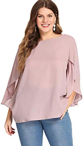 Romwe Women’s Plus Size 3/4 Overlap Sleeve Boat Neck Chiffon Blouse Top