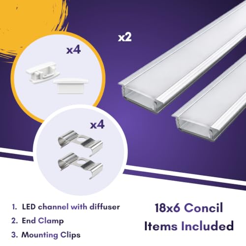 Image of Lighting 18x6mm LED Strip Lights 1 Meter Aluminium Rectangular Concealed Profile Light Channels with Diffused Cover, End Caps and Mounting Clips Without LED Straight Linear (Pack of 2)