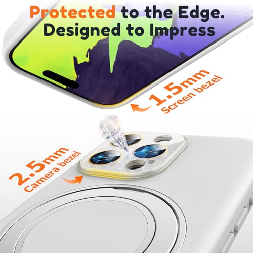 Image of Silicone 360 Spin Magnetic Stand Case for iPhone 16 Pro Max, [Compatible with Mag-Safe][Reinforced Hard Camera Protection] Liquid Silicone Rubber Phone Cover with Ring, Camera Button, White