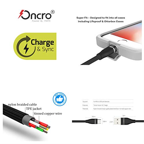 Image of Black indestructible Nylon Braided Strong Power Bank Cable for Micro USB Android Smartphones, Short Small Mini Round Cable, Charge & sync 2.4A max