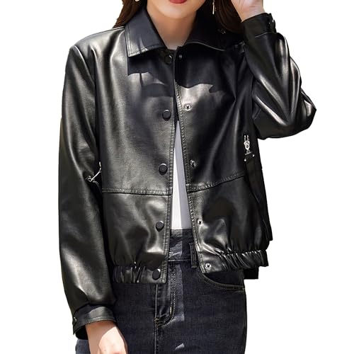 Silunma2021 Chaquetas de cuero de color sólido con botones para mujer, abrigos ajustados con botones de solapa, elegante, talla grande, ropa de abrigo de manga larga (negro, 3XL)