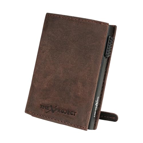 Image of The X Project Vaulton Trifold Wallet | Premium Genuine Leather | Aluminium Cardholder | Side Slide Pop-Up Card Ejector | Carry Up to 6 Cards and 1 Slot for Carrying Cash & Folded Bills (Brown)