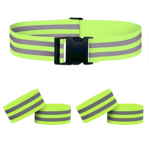 Houdao 4 Pièces Brassard Securite Brassard Lumineux et 1 Pièce Ceinture Réfléchissante Ajustable Haute Visibilité Brassard Reflechissant pour Running Velo Moto Jogging