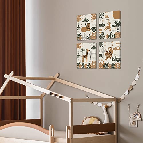 Hpniub Boho Jungle Nursery Wall Decor, Baby Animals Canvas Wall Art Print Set Of 4 Piece (8X10Inch,Framed) Safari Theme Shower Picture Gift For Classroom Or Kids Room Decor #TOP1