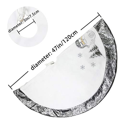 WEWILL 48'' Large Luxury Silver Santa Claus Christmas Tree Skirt Embroidered with Satin Border Snowflake Xmas Holiday Tree Mat Party Supplies