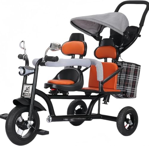 MiluFox 二人乗り 三輪車 双子用 ベビーカー 子供用 自転車 シートロック可能 物置くカゴ付き 補助棒取り外す可能 高さ調節可能 ロック可能タイヤ LED付きヘッドライト 誕生日 プレゼント アウトドア 室内兼用 (【革シートライトミュージックチタ
