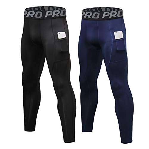 Lanbaosi Mens Compression Pants With Pockets Workout Leggings Running Tights Cool Dry Athletic Sports Gym Baselayer 2 Pack #TOP17